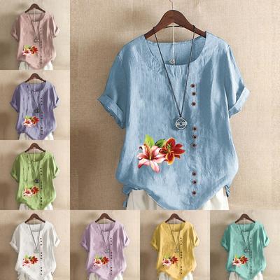 Women's Fashion Flowers Print Short Sleeve T-shirt Loose Cotton Shirt Casual Loose Summer Blouse Tops Plus Size