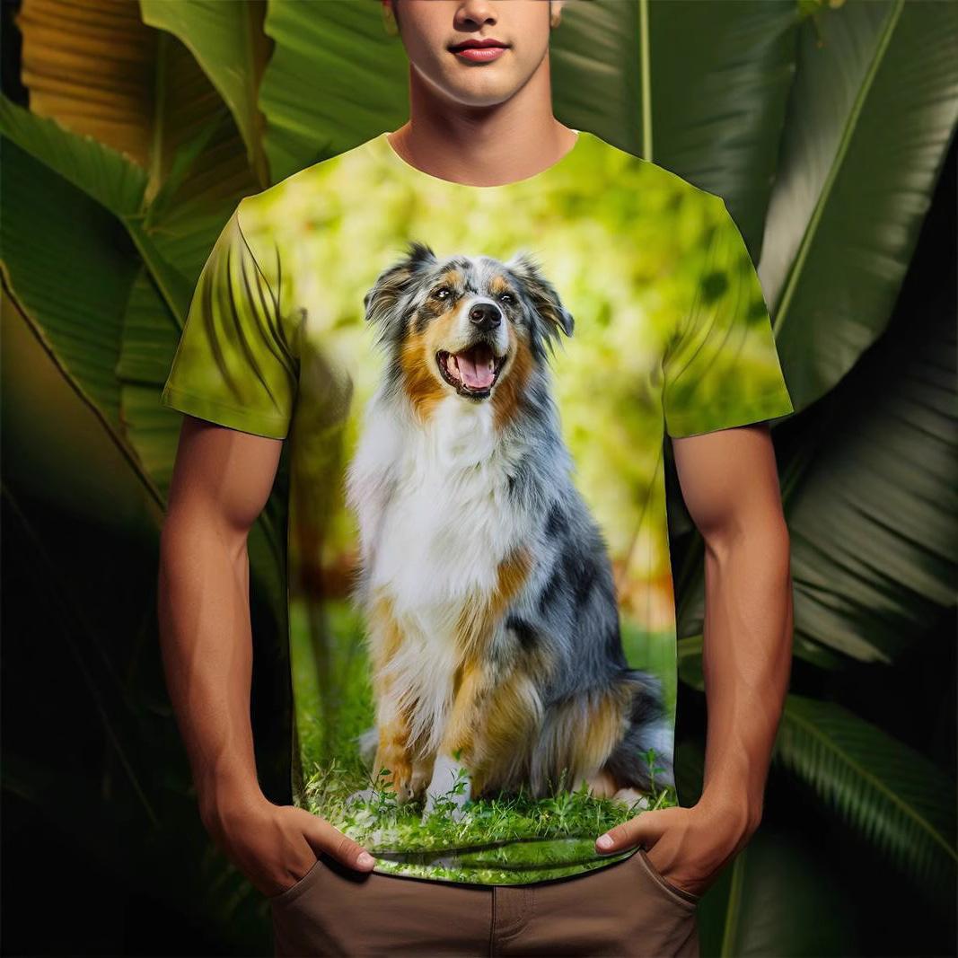 

3D Puppy Pattern Printed Short Sleeved Summer Breathable Round Neck Top Men s T-shirts XS