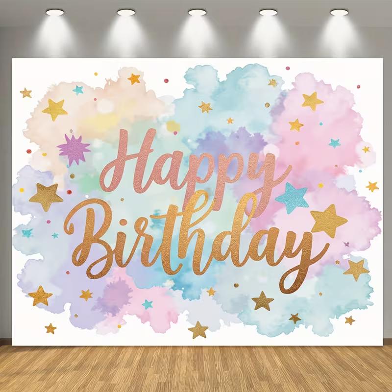 2D Watercolor Pastel Happy Birthday Backdrop for Kids Photography Background