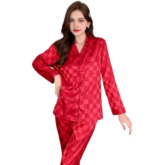 Womens Satin Pajamas Set Button Down Long Sleeve Top And Long Pants Sleepwear Set Oversized Casual Plaid 2 Piece Lounge Set