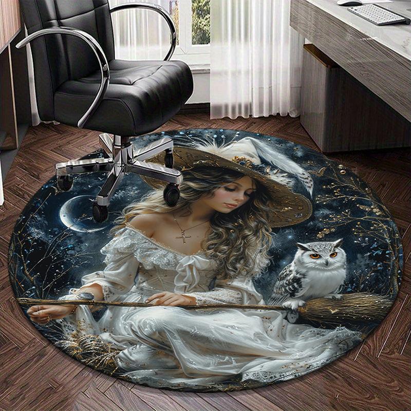 Witch Flying Through Starry Sky Round Carpet Chair Cushion Round Entryway Rug, Soft Round Rugs for Living Room, Bedroom, Circle Carpet Decor Gifts