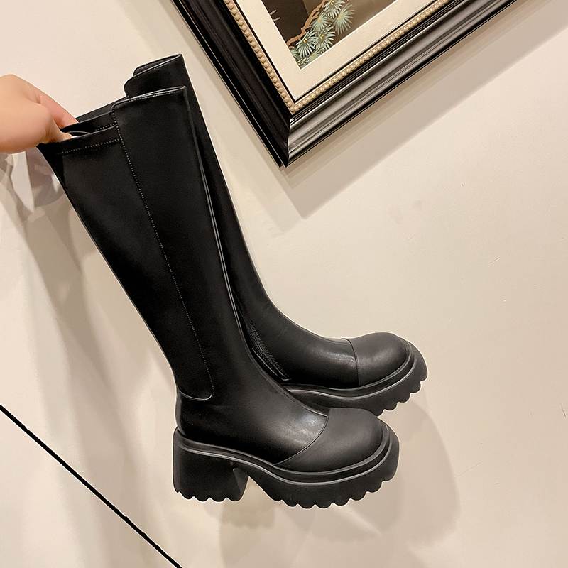 Krazing Pot Skórzane buty wiosenne i zimowe z grubej platformy damskie wsuwane buty za kolano