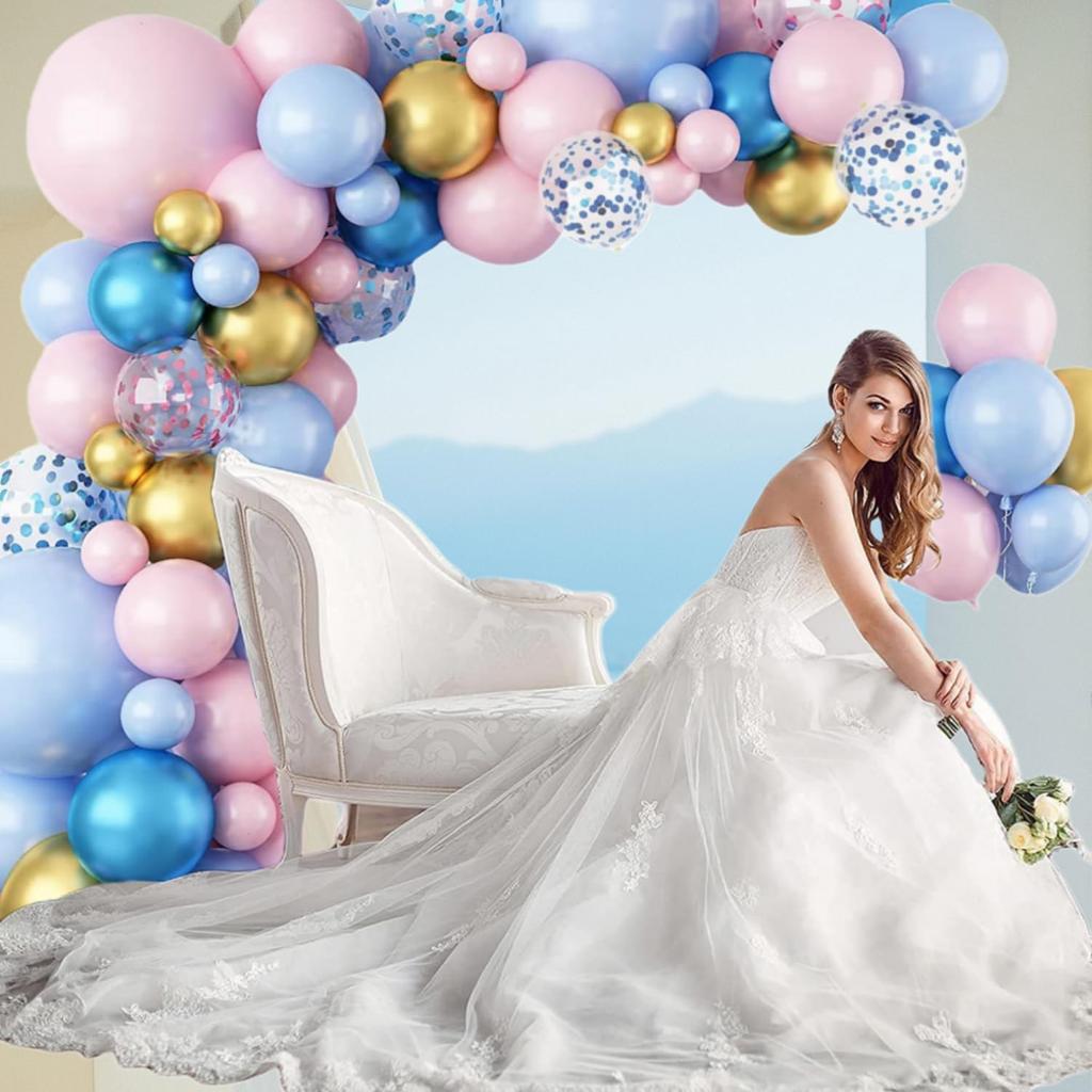 92PCS pink, blue, and gold latex balloon set suitable for birthday parties, weddings, Valentine's Day parties, and decoration