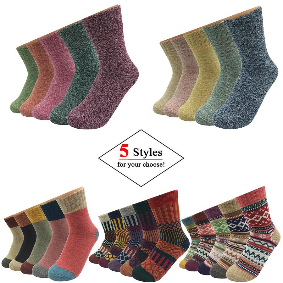 5 Pairs/Lot Wool Socks Women Winter Japanese Harajuku  Bohemian Cashmere Warm Colorful Socks Ladies Girl Christmas Gift 5 Styles