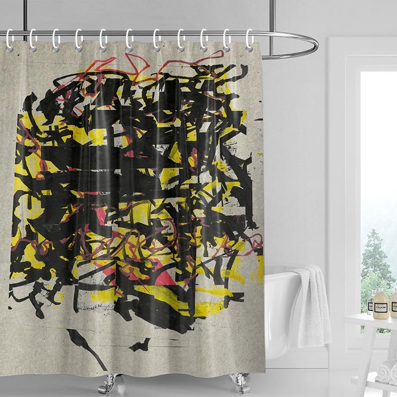 Abstract Handprint Shower Curtain - White with Colorful Geometric Shapes, Waterproof with Grommets, Modern Bathroom Decor