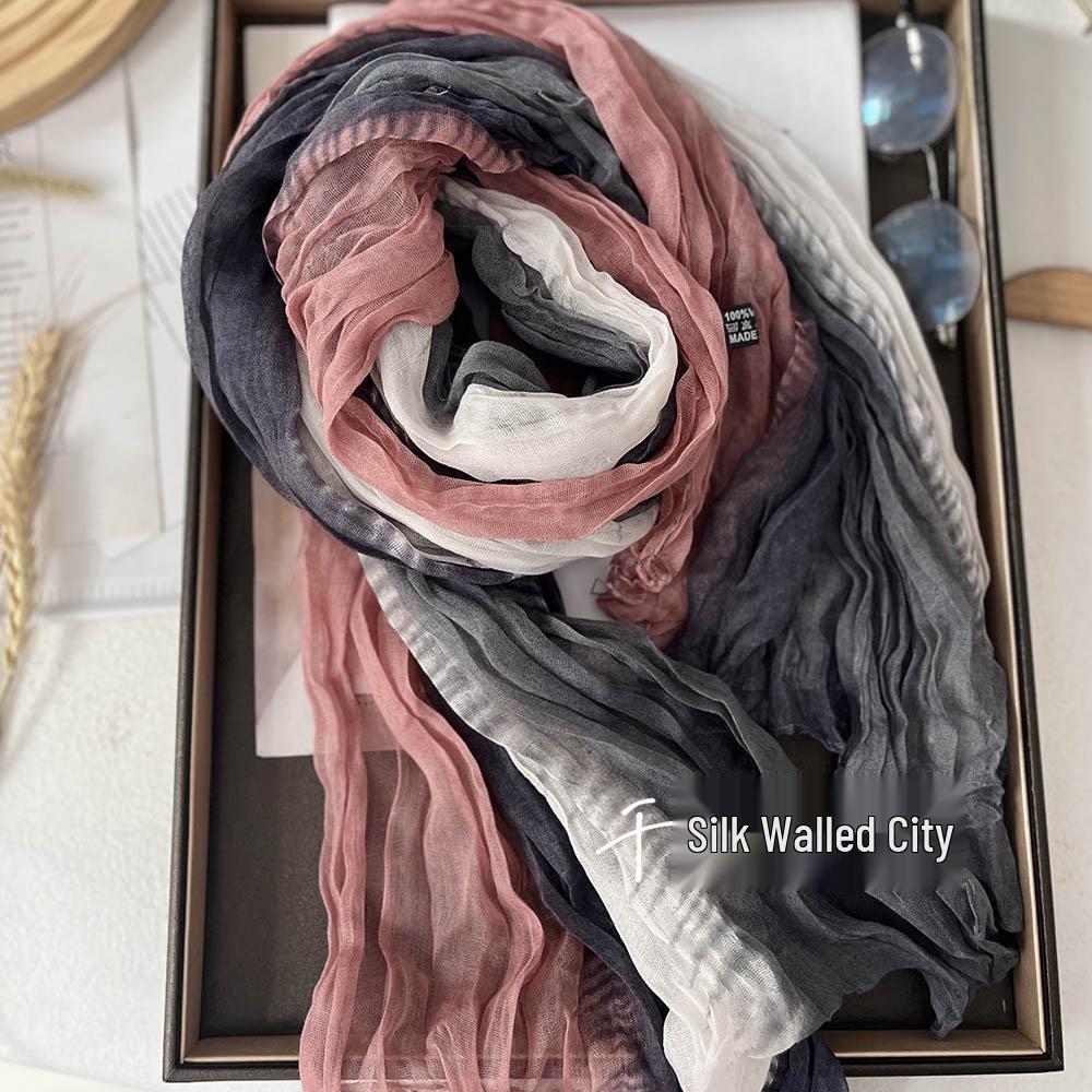 Sciarpa da Donna Blu Sfumato Effetto Cotone e Lino – Retro, Versatile, Lunga Stola Pieghettata per Autunno/Inverno.