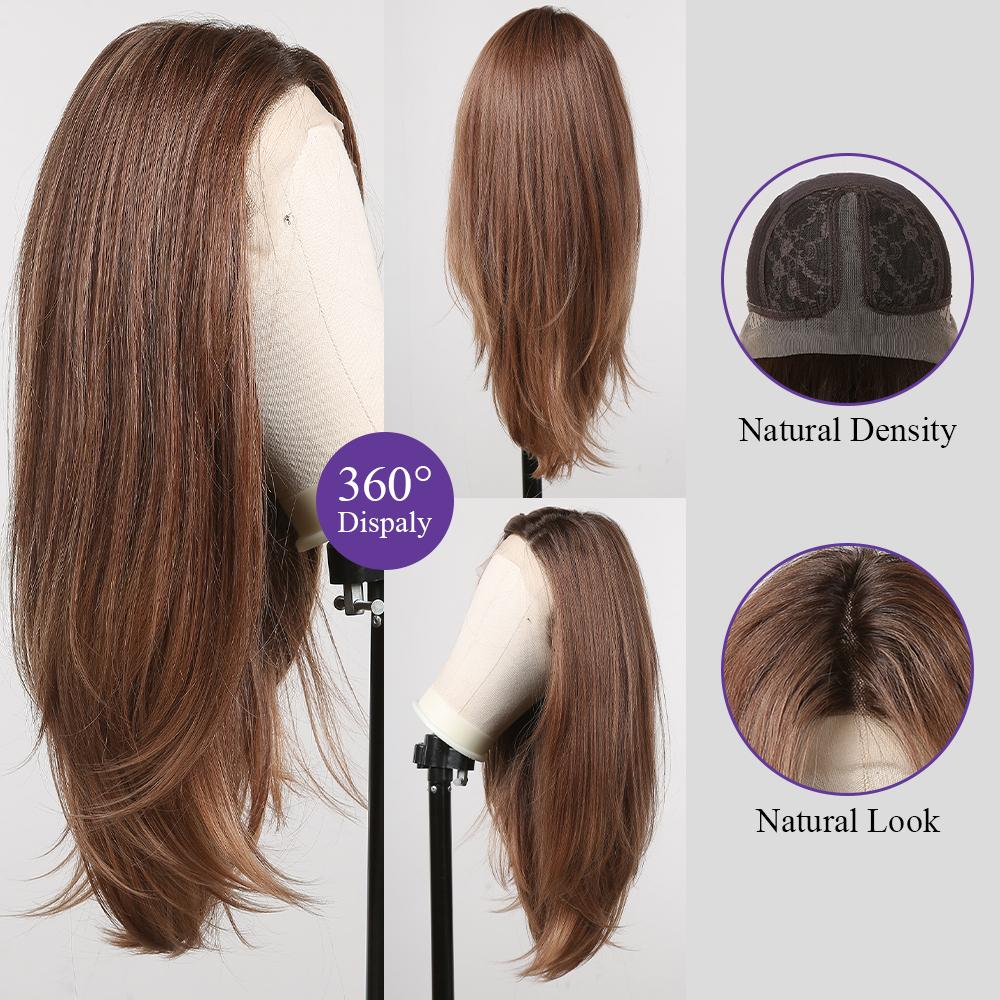 ALAN EATON Lace Wig Orange Brown Long Straight Wigs Synthetic Wigs for Women Hair Party Daily High Density Heat Resistant Fiber