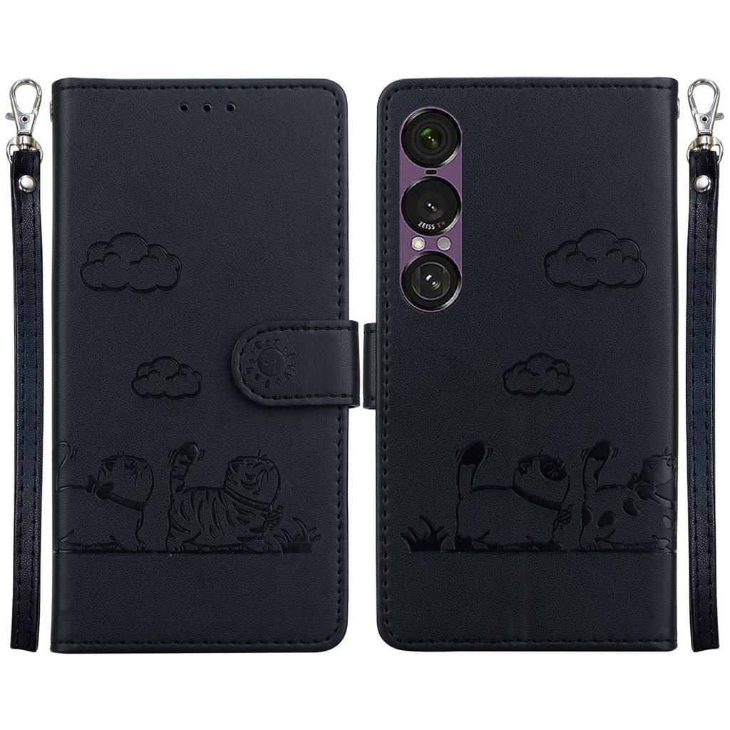 For Sony Xperia 1 VII Case RFID Blocking Kitten Pattern TPU+PU Leather Phone Cover with Wrist Strap