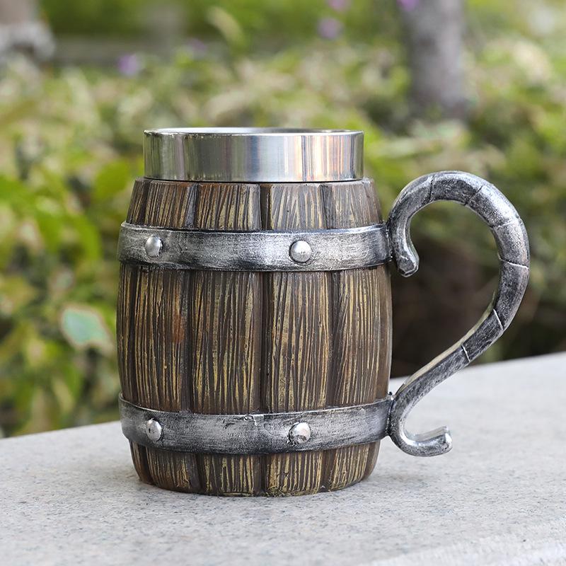 Handcrafted Wooden-Style Barrel Beer Mug with Stainless Steel Lining – Large Capacity
