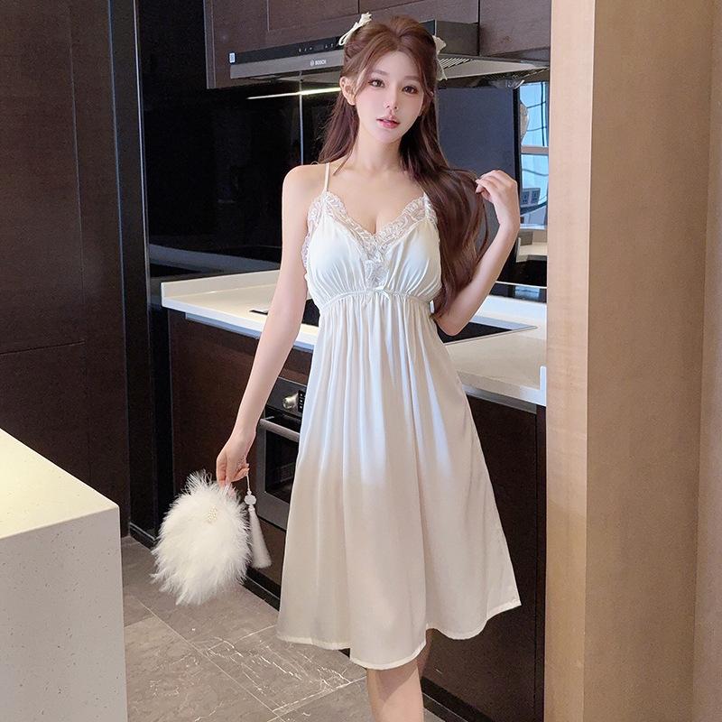 New Ice Silk Suspender Nightgown Nightdress Women's Lace Butterfly Long Palace Breathable Home Silkworm Silk