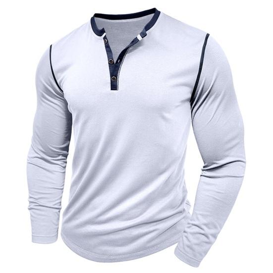 Fall Spring Men Shirt Buttoned Stand Collar Color Matching Pullover Slim Fit Mid Length Casual Daily