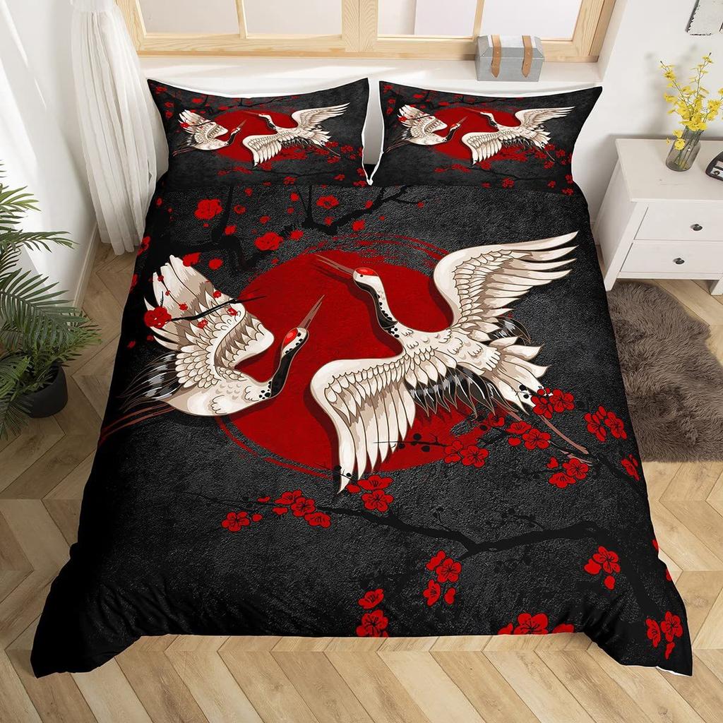 Sakura Branch Crane Retro Three-Piece Quilt Cover 3D Digital Printing Bedding Set Bed Cover