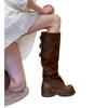 Round head belt buckle versatile thick-soled trouser tube boots long boots 2025 autumn and winter Maillard but knee thick heel piled boots