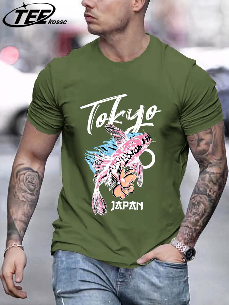 Tokyo Japan Flower Koi Print Men T Shirts Hip Hop AllMatch Short Sleeve Cotton Summer Clothes Casual Oversize Trendy Sportswear
