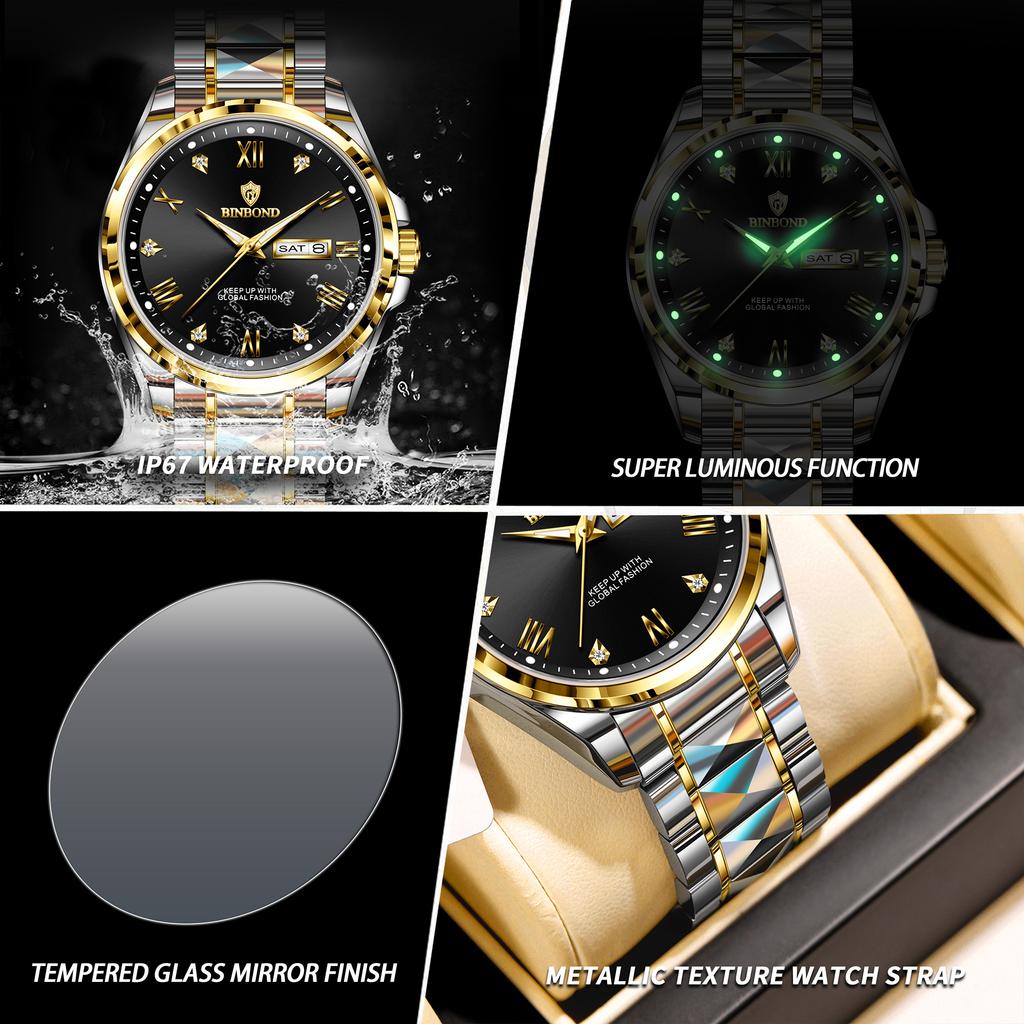 BINBOND Quartz Wristwatches For Men Luxury Luminous Sturdy Durable Reloj Waterproof Auto Date Week Display Men's Watch Free Ship