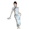 Elegant Women's Retro Cheongsam Dress with Frog Buttons and Stand Collar - Slim Fit, Printed, Slit, Mid-Length