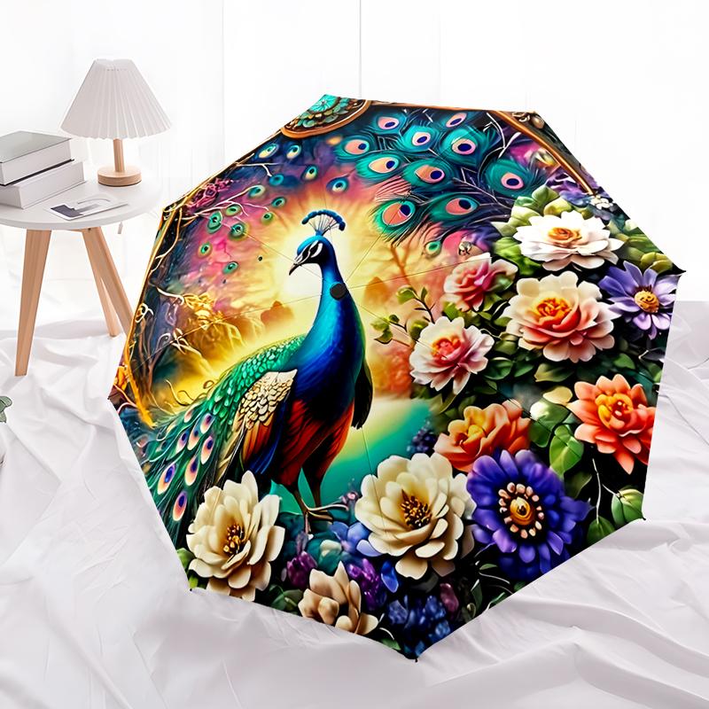 Peacock Theme Design Folding Umbrella-Fashionable Auto-Open Design 8 Iron Ribs Plastic Handle Foldable Sunshade,Perfect Gifts