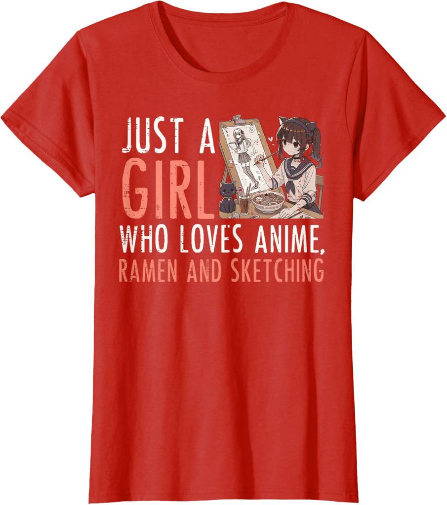 Anime Ramen Sketching Girl Graphic Tee Kawaii Drawing Lover Casual TShirt for Women
