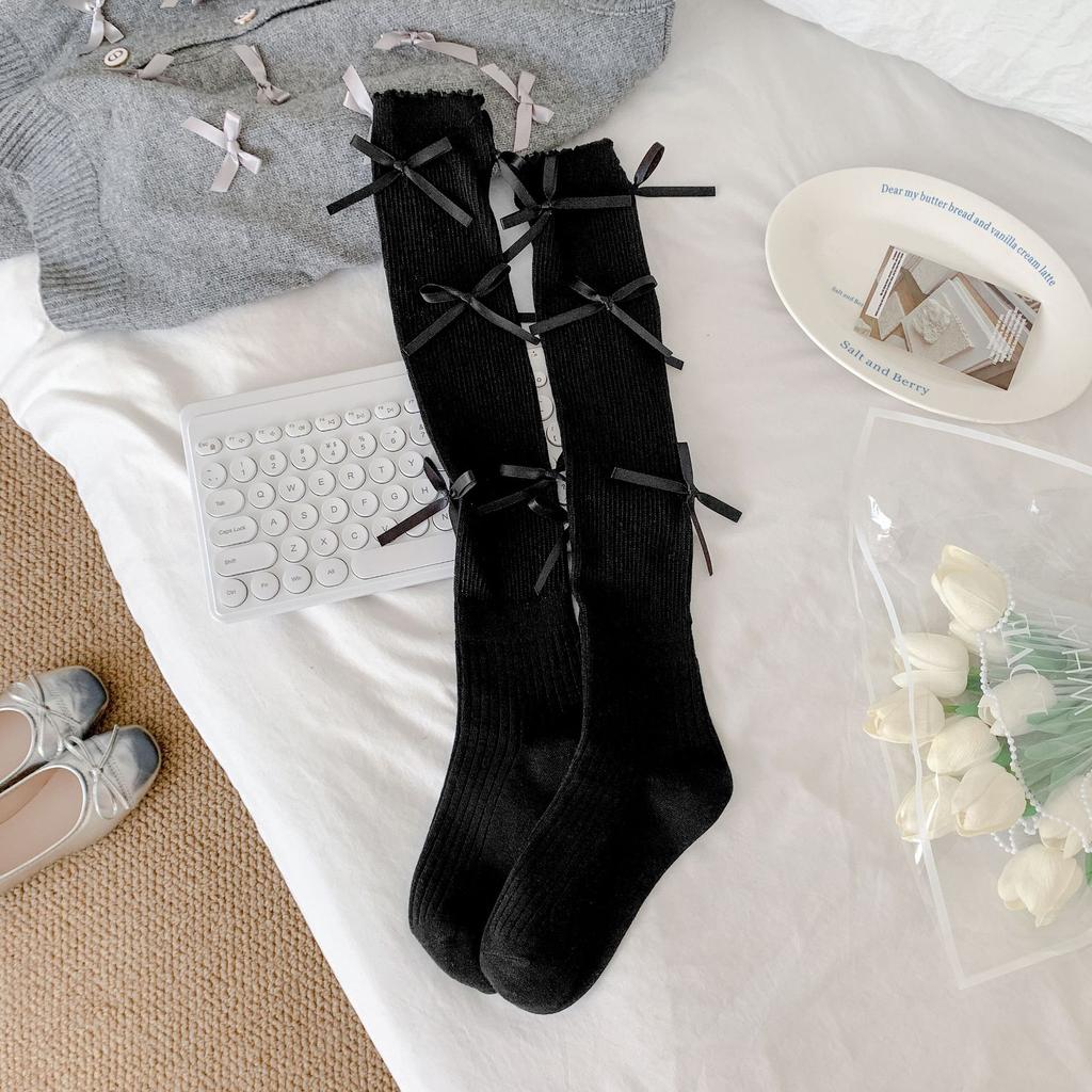 In The Early Autumn Of 2025, New Products, Fungus Edge Calf Socks, Bow Splicing, High Tube Solid Color Jk Knee Socks, Stacking Socks