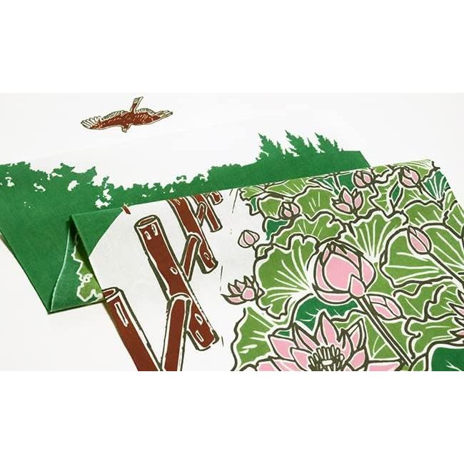Someno Anbo Tenugui Towel 'Heron at the Lotus Pond' Hand-dyed 100% Cotton Tokka Made in Japan 35cm x 100cm