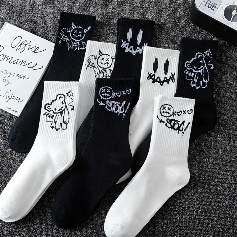 Grimace Large Size Women's Sports Socks Black and White Basketball Stockings Autumn and Winter Men's Medium Tube Socks