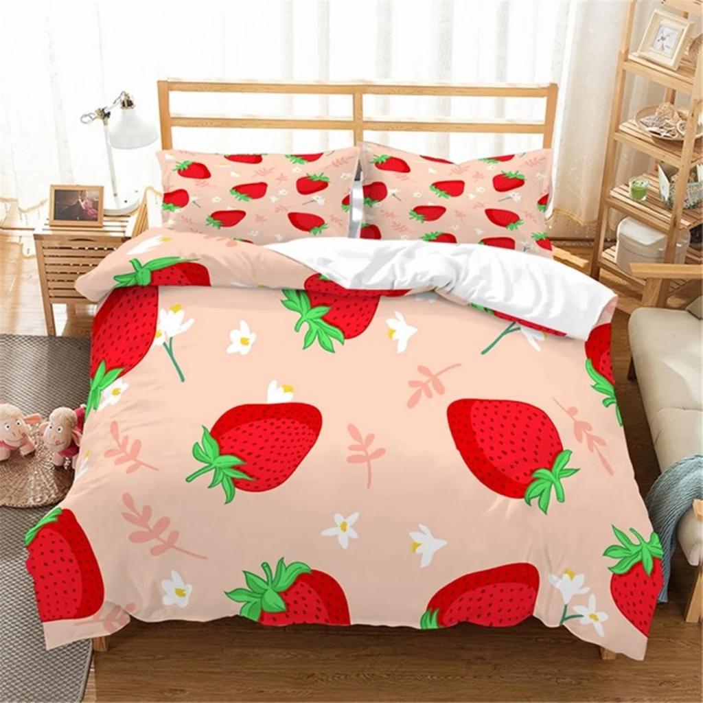 Strawberry Duvet Cover Set Cartoon Pink Fruit Print Comforter Cover Set for Boy Girl Teen Sweet Strawberry Room Decor Bedding