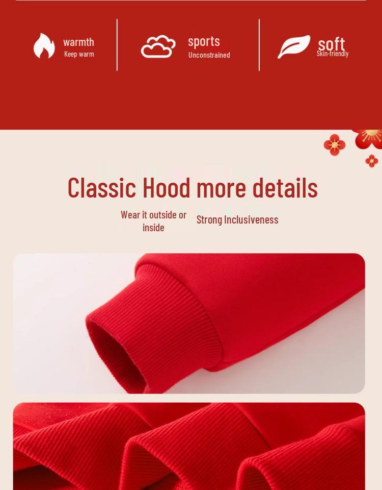 Unisex Red Fleece-Lined Hoodie for Kids - Warm New Year’s Greeting Outfit