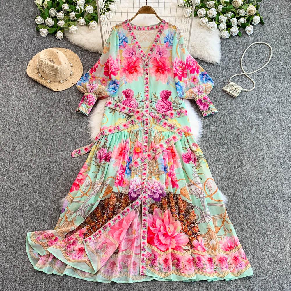 Fashionable V-neck Single-breasted Cinched Waist Women's Dress with Lantern Sleeves and Printed Pleats