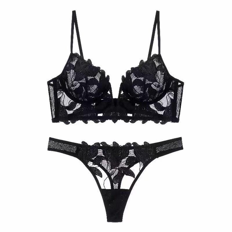 "Sexy Deep V Embroidered Lace Push-Up Lingerie Set for Enhanced Curves"