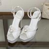 Pesstwei Summer Fashion Peep Toe Women Sandals High Quality Satin Pearl Square Heels Shoes Buckle Strap Zapatos De Mujer