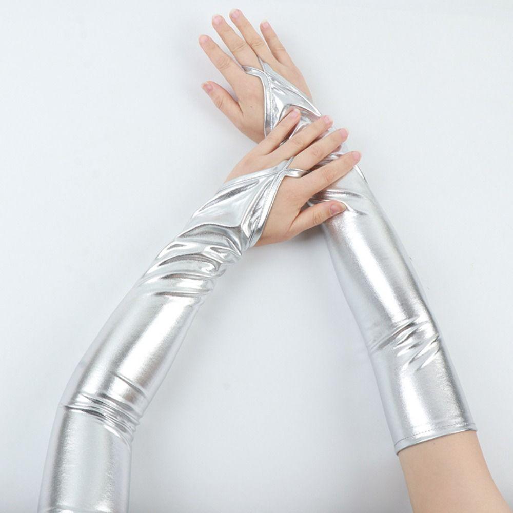 Elastic Patent Leather Black Gloves Cloth Women Gloves Hook Finger Long Gloves Halloween Cosplay