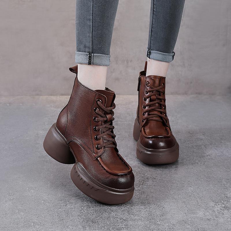Genuine Leather Zippered Retro Platform Heel Women's Martin Boots