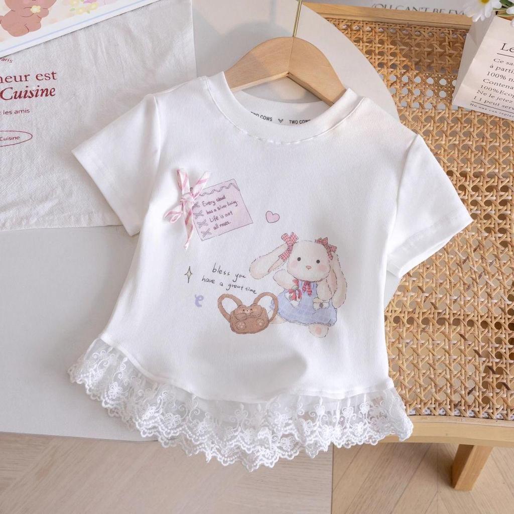 New Kids' Cute Cartoon Lace T-Shirt - Korean Style, Short-Sleeve, Round Neck, Stylish Summer Top