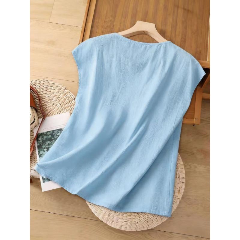 Womens Casual Fashion Sleeveless Linen Cotton Blouse Shirt