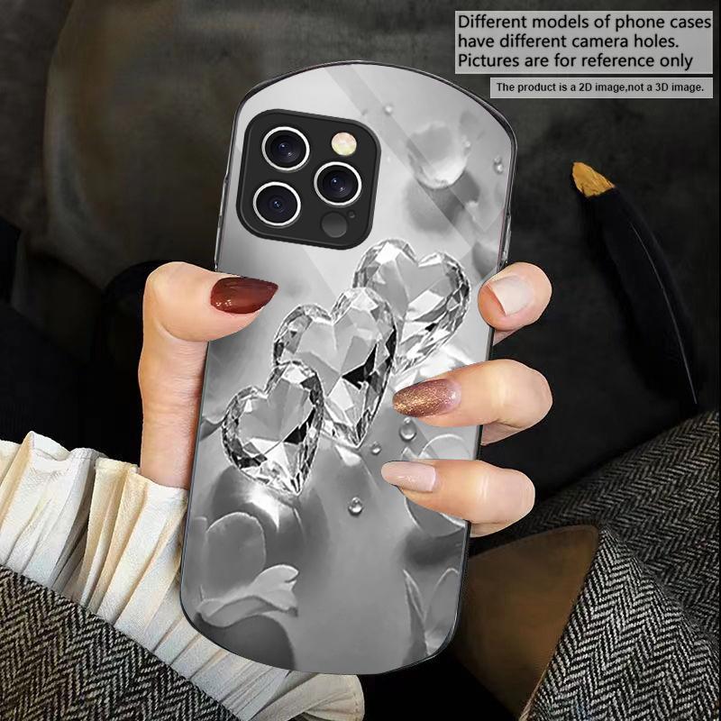 Flower Heart Shaped Pink For iPhone 16 15 14 Pro 13 Plus 12 Mini 11 13Pro Max XR X S 7 8 6 Elliptical Tempered Glass Phone Case