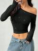 Women's Off-Shoulder Rhinestone Waist-Cinching Long-Sleeve Top