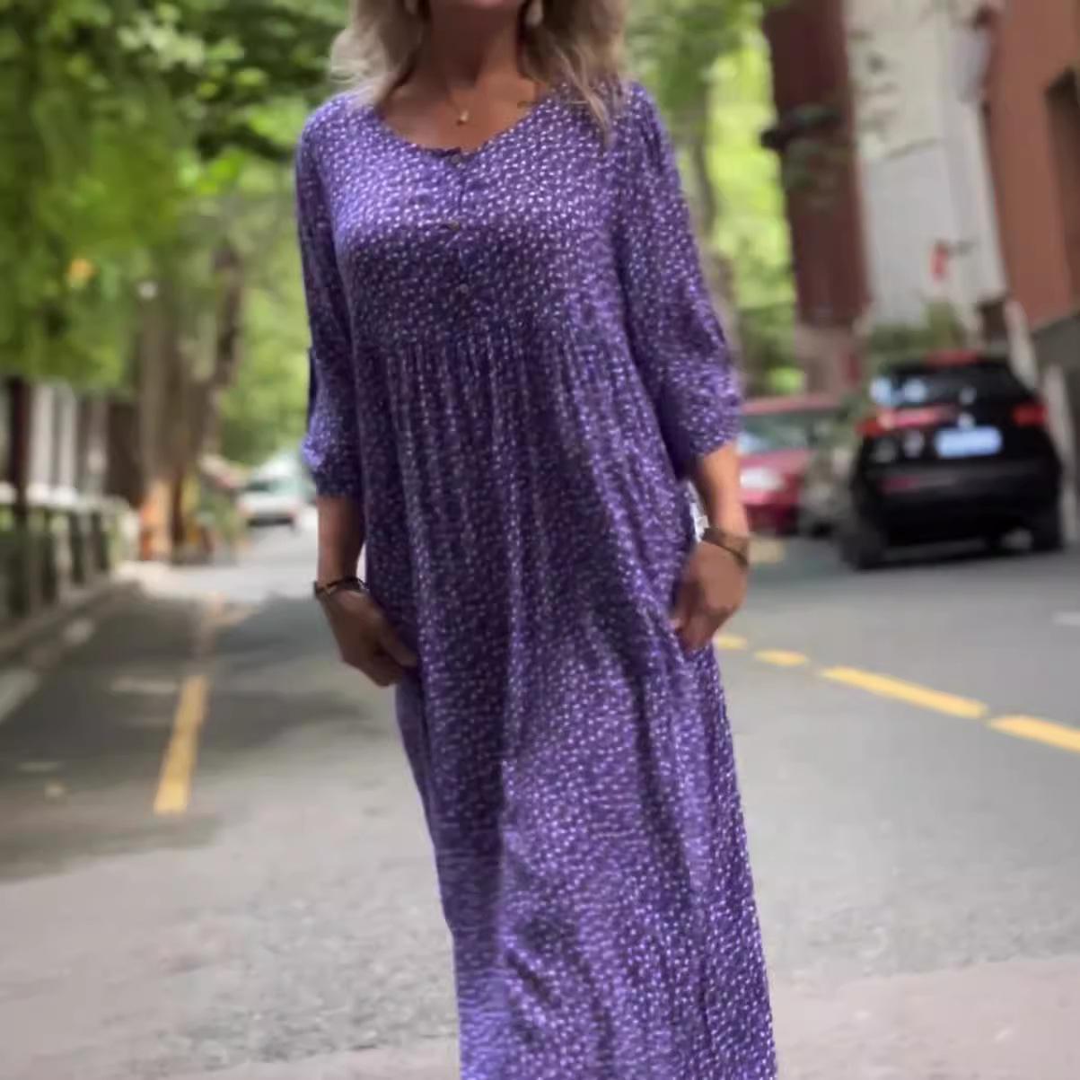 

Женское миди-платье с цветочным принтом, открытыми плечами и карманами, рукав 3/4, повседневное летнее платье синего, голубого, бежевого, зеленого, фиолетового цвета S фиолетовый