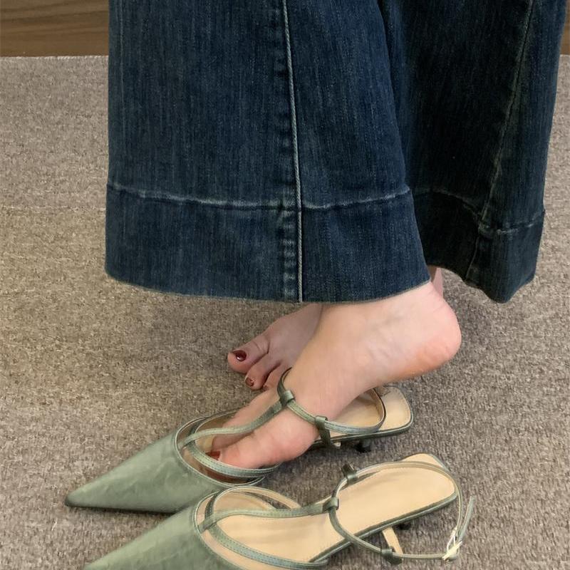 

So extravagant~ Baotou cat heel sandals women s thin heel new summer satin temperament pointed head empty single shoes 35 чорний