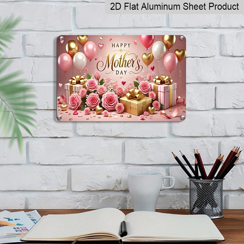 2D Flat, 1pc "Happy Mother's Day" Gift & Balloon Plaque, 12"×8" - Pink Rose & Gold Decor Sign - Aluminium Wall Hanging Decoration, Festive Mother's