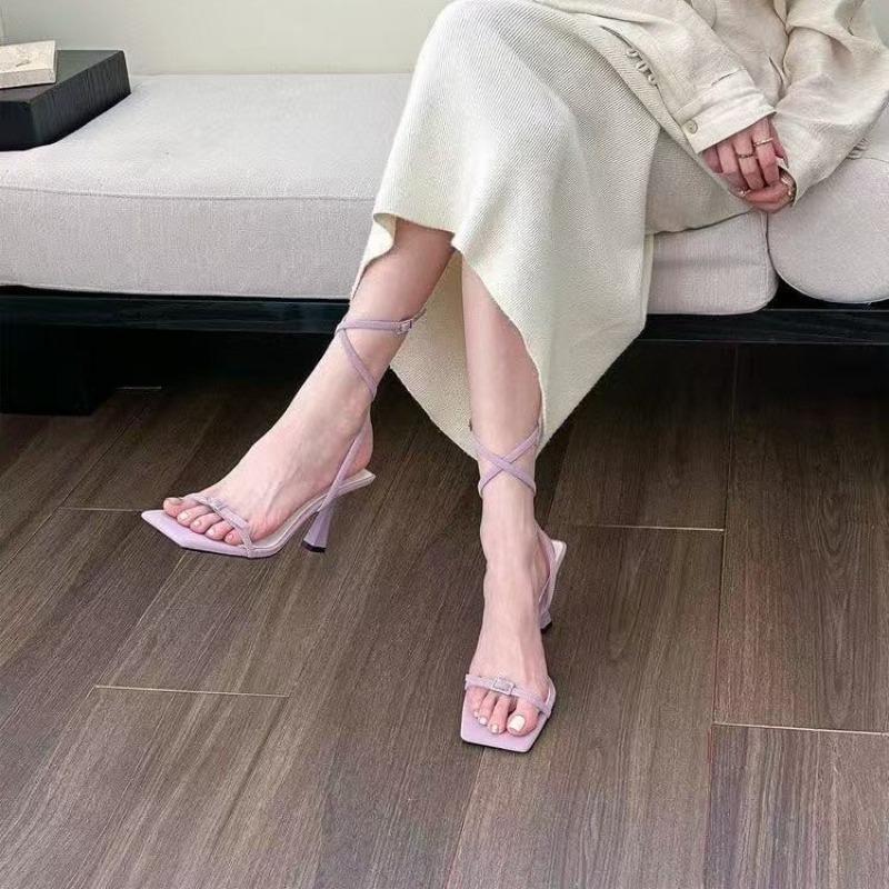 Fashion Summer Stiletto Roman Strappy Sandals Temperament Square Toe Open Toe Cross Slim Strap One Buckle High Heels for Women