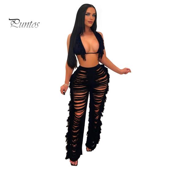 

2 шт./компл., женский укороченный топ, брюки, комплект с кисточками, ажурные, на шнуровке, с бретелькой на шее, пляжный бюстгальтер для отдыха, с высокой талией, рваные вязаные полые брюки S чёрный