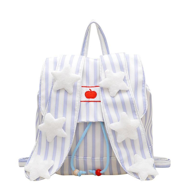 Rabbit Ears Striped Backpack Pink Backpack Stars Embroidered Bag Large Capacity Commuter Student Class School Bag Canvas