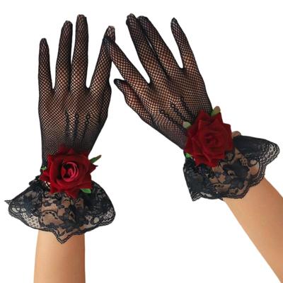 Women Short Lace Gloves Bridal Wrist Gloves Fishnet Gloves with Flower for Operas Evening Wedding Prom Cosplay 1920s