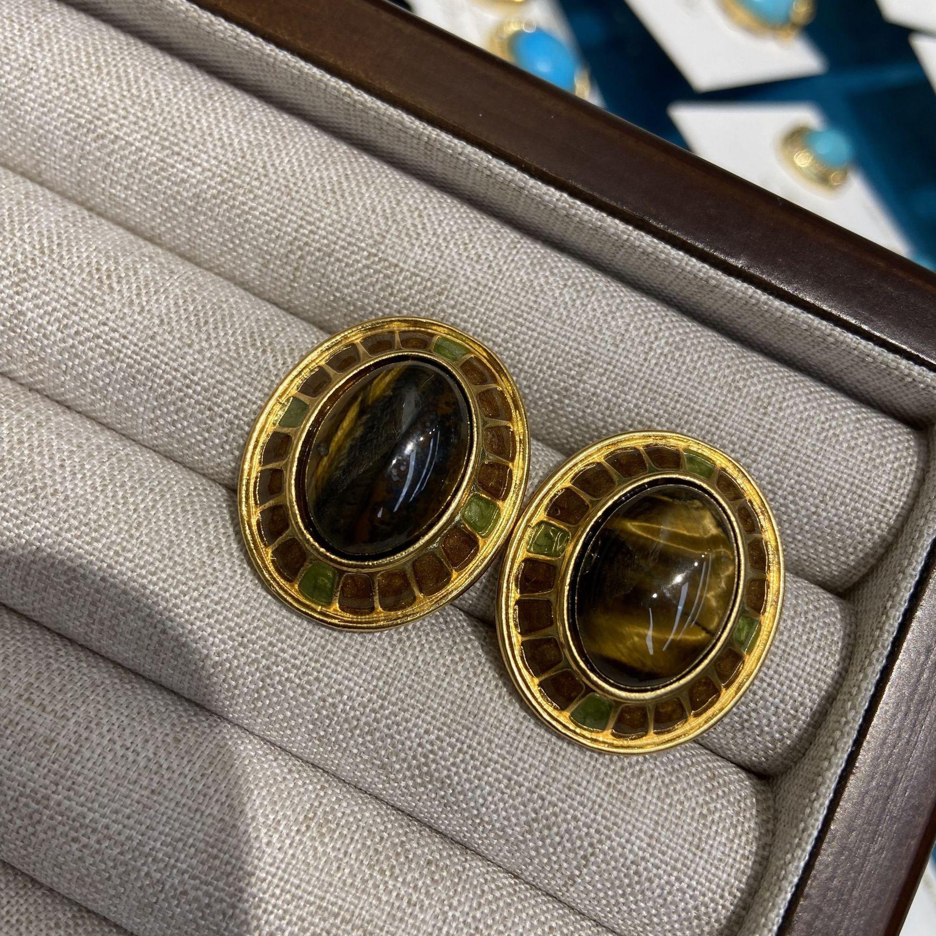 

Серьги в стиле ретро Гонконг с эмалью и каплями масла тигровый глаз, кофейного цвета, инкрустированные овальными шпатами