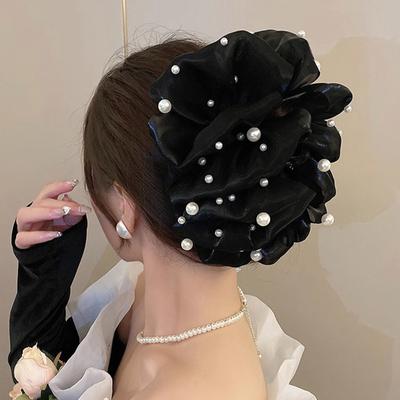 New Hair Claw For Women Large Pearl Pearl Bow Gauze Shark Gripper Claw Elegant Exquisite Updo Hair Clip Girls Hair Accessories