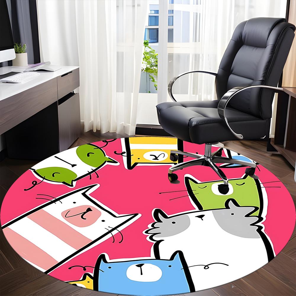 1pc Cat Family Office Round Area Rug, Indoor Mat Suitable ForOffice, Under Office Chairs Bedroom Living Room Home Decor, Room Deco 112