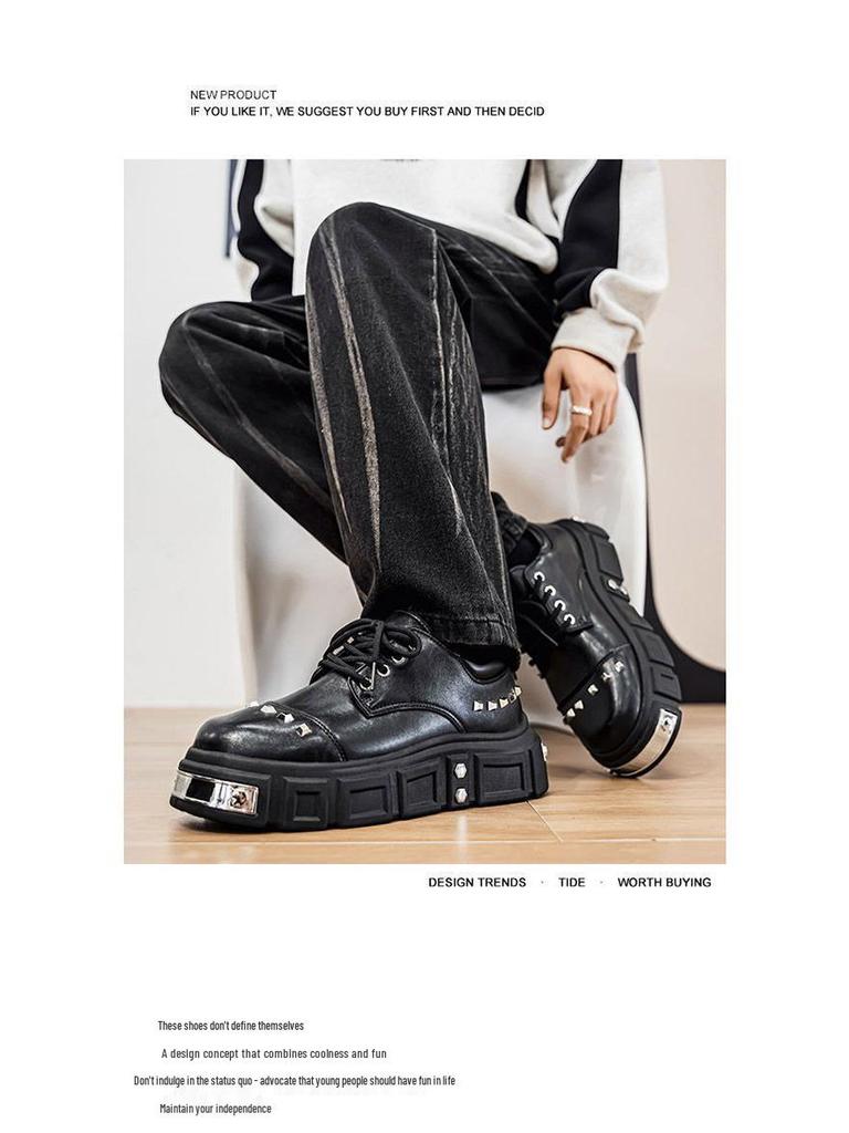 2025 Autumn Men's Black Derby Shoes - Korean Style Trendy Casual Leather with Height Increasing Thick Sole