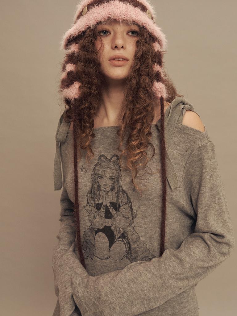 SETSETSET Water Lily Pattern Ribbon Knit Top Melange Gray