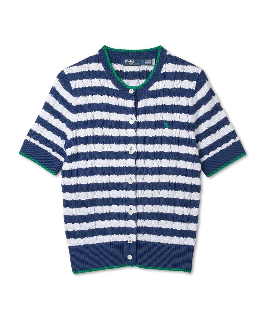 POLO RALPH LAUREN W Striped Cable Knit Short Sleeve Cotton Sweater - Blue Yacht/White
