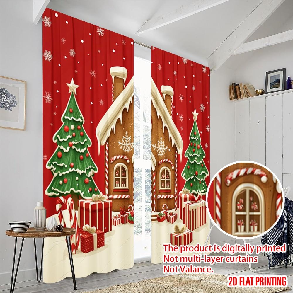 2pcs,2D Plane Printing Curtains Roller Blinds Gingerbread House Christmas Snowflakes Polyester (without Rod) Holiday for